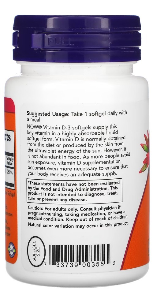 Vitamina D-3 2000iu Now Foods 30 Caps Softgels Importado Eua - Imagem 2
