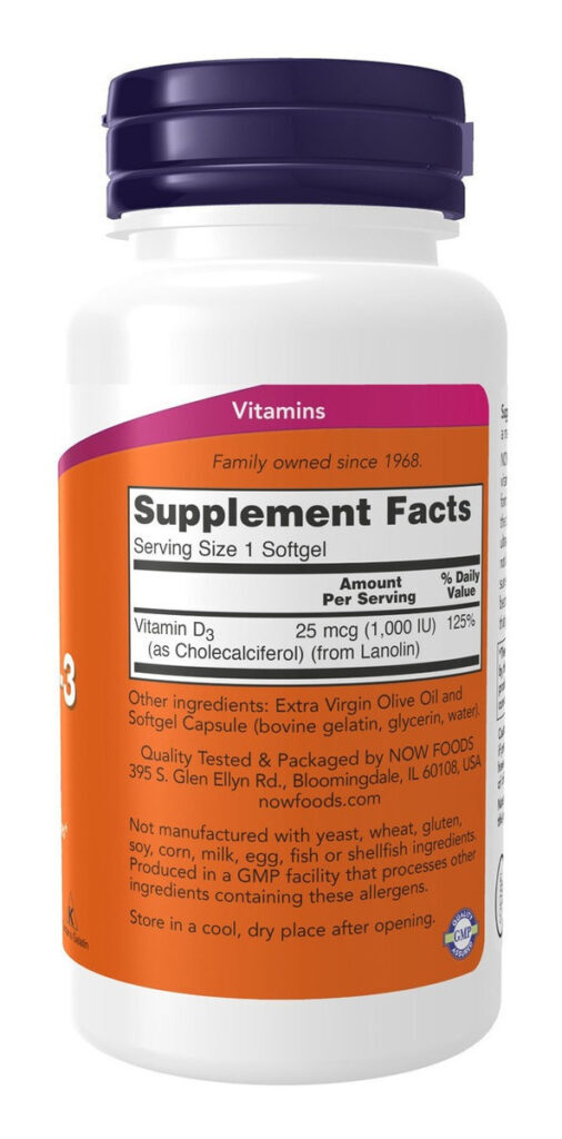 Vitamina D3 1000 Iu 25 Mcg 360 Caps Now Foods Sem Sabor - Imagem 2
