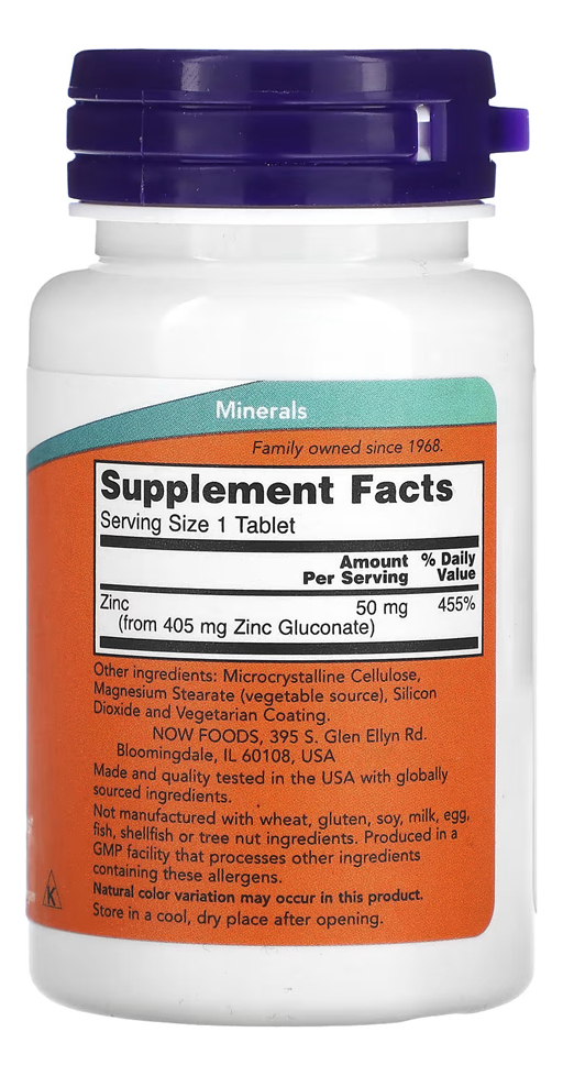 Gluconato De Zinco 50mg Now Foods 100 Tablets Importado 5un - Imagem 3