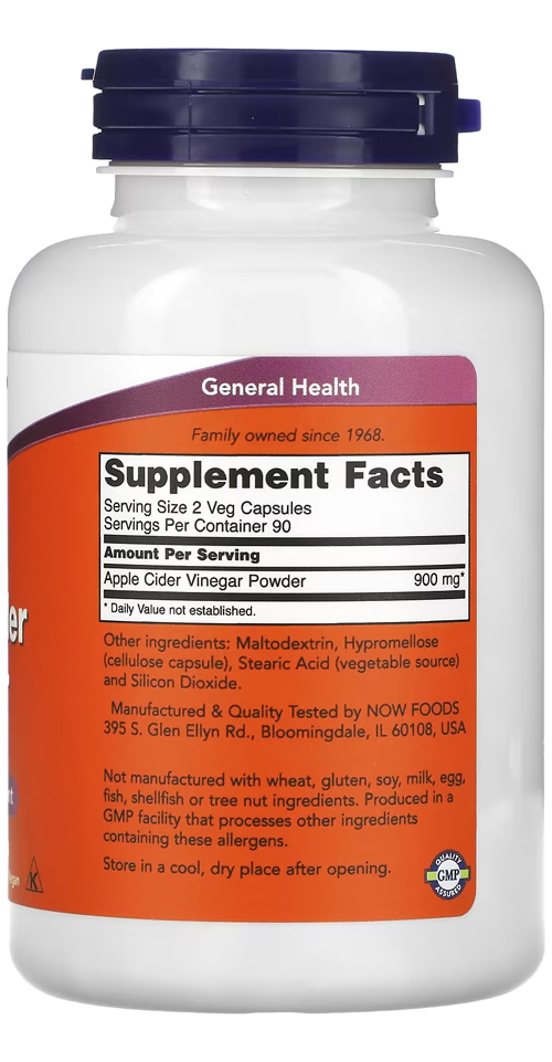 Vinagre De Maçã 450mg Now Foods Cider Vinegar 180 Veg Caps - Imagem 2