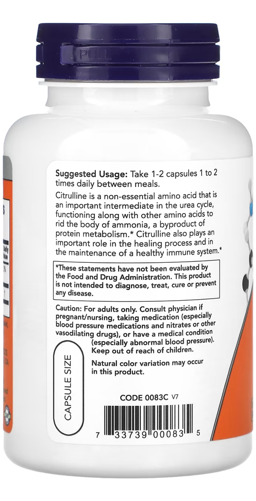 L-citrulina 750mg Now Foods 90 Veg Caps Importado - Imagem 3
