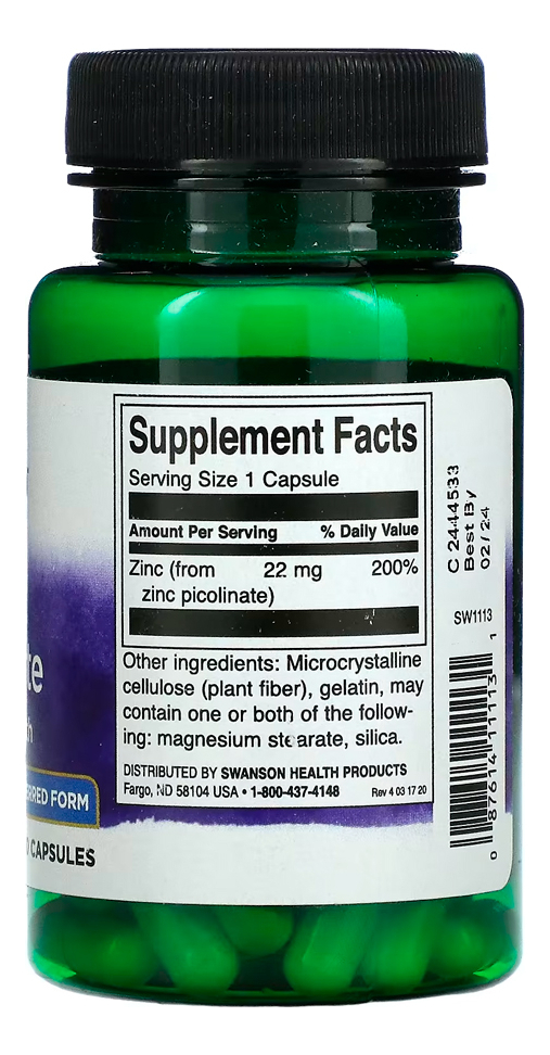 Picolinato De Zinco 22mg Swanson 60 Caps Importado - Imagem 3