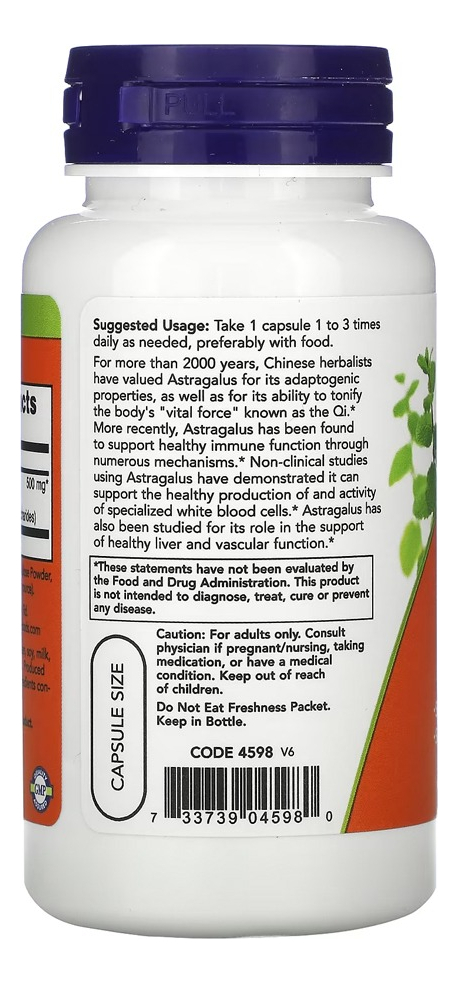 Astragalus Erva Chinesa 500mg 90cáps Importado 2un Now Foods - Imagem 3