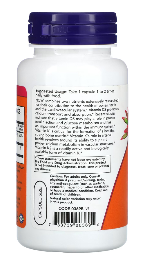 Vitamina D3 25mg Com Vitamina K2 45mg Now Foods 120veg Cap - Imagem 3