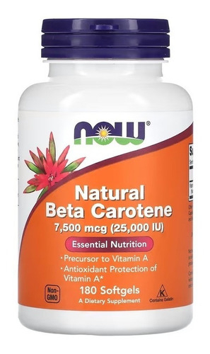Natural Beta Caroteno 7500mcg (180 Softgels) - Now Foods Sabor Validade 09/2024