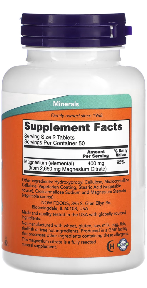 Citrato De Magnésio 200mg Now Foods 100 Tablets - Imagem 2