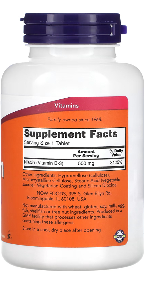 Niacina 500mg Now Foods Niacin Vitamina B-3 250 Tablets 3un - Imagem 3
