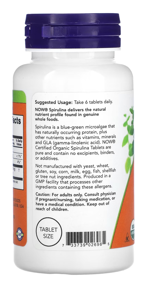 Spirulina Orgânica 500mg Now Foods 100 Tablets Importado Eua - Imagem 2