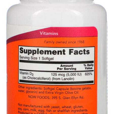 Now Foods Vitamina D3 5000iu 120soft Distribuidor Autorizado - Imagem 2