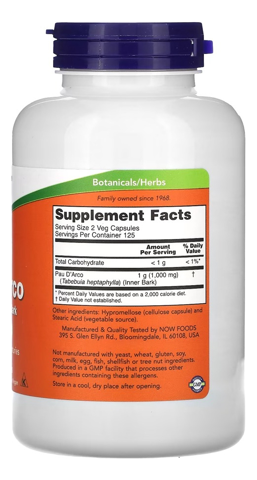 Nowfoods Pau D'arco 500mg 250veg Cap Distribuidor Autorizado - Imagem 2
