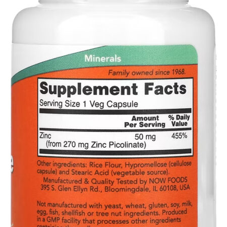 Zinco Picolinato 50mg Now Foods Zinc Picolinate 60 Veg Caps Sabor Sem Sabor - Imagem 2