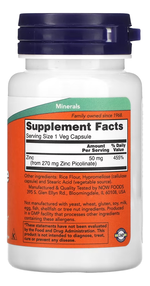 Zinco Picolinato 50mg Now Foods Zinc Picolinate 60 Veg Caps Sabor Sem Sabor - Imagem 2