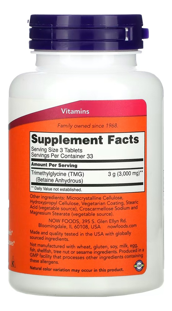 Tmg Betaína 1000mg 100 Tabs Importado 5un Now Foods - Imagem 4