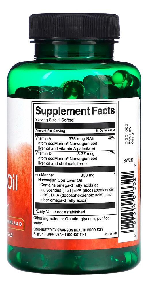 Óleo De Fígado Bacalhau 350mg Swanson 250 Soft Importado - Imagem 3