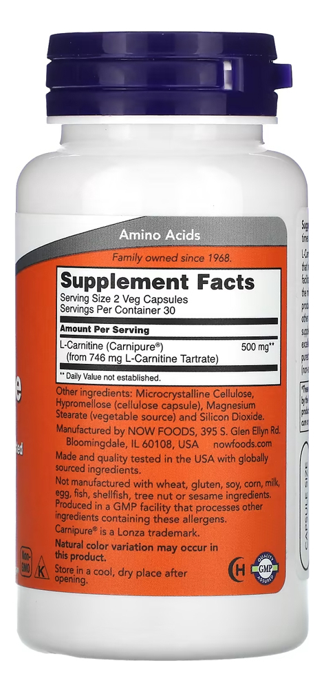 L-carnitina 250mg Now Foods 60 Cápsulas Importado 5un