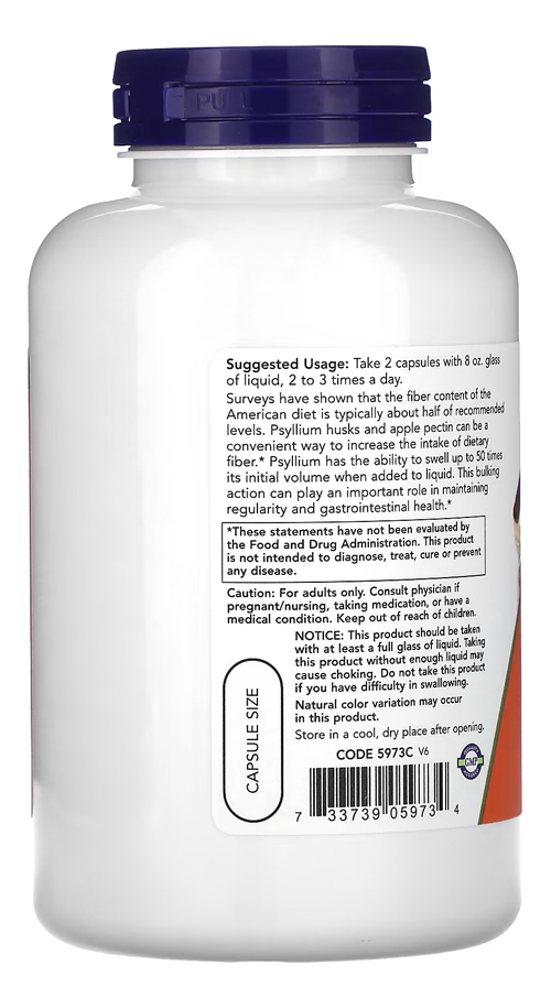 Casca Psyllium 700mg + Pectin Now Foods 180cap Importado - Imagem 3