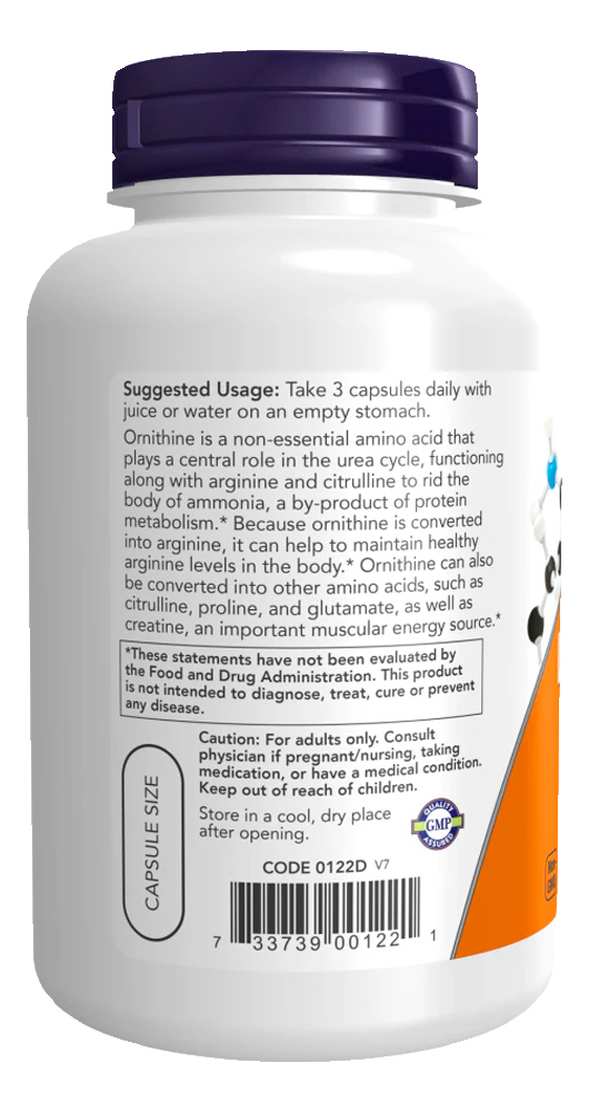 L-ornitina 500mg Now Foods 120 Cápsulas Importado - Imagem 2