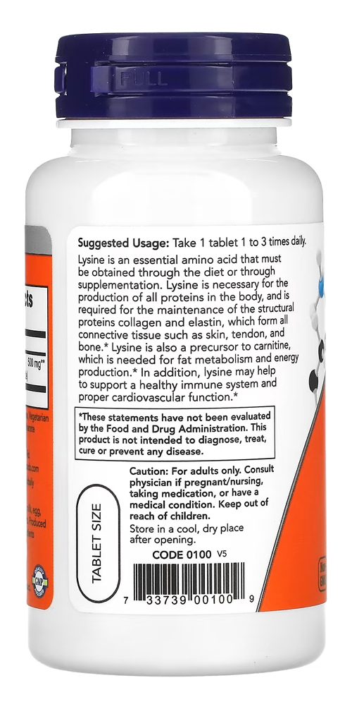 L-lisina 500 Mg Now Foods 100 Tablets Importado - Imagem 3