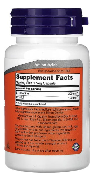 Suplemento Em Cápsulas L-theanine 200mg L-teanina Sem Sabor Em Pote 60 Un Now Foods - Imagem 2