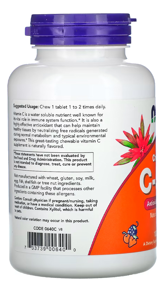 Vitamina C-500 Now Foods 100 Tablets Sabor Cereja 3un - Imagem 3