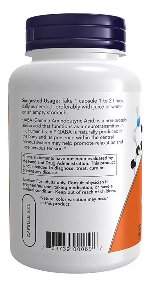 Ácido Gaba 750mg Now Foods 100 Veg Caps - Imagem 3