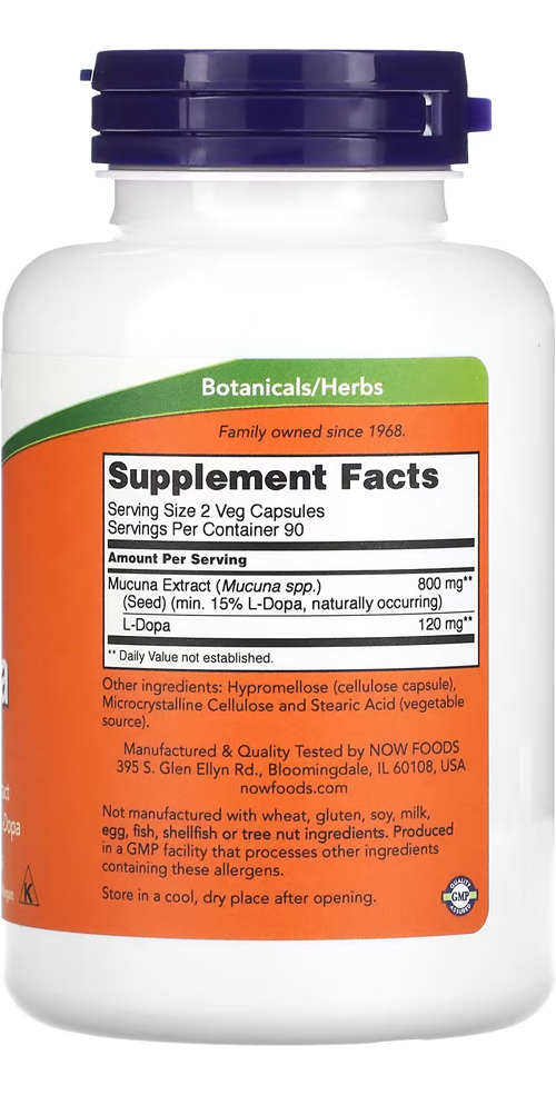 Extrato De Dopa Mucuna Now Foods 180 Veg Caps Importado - Imagem 2