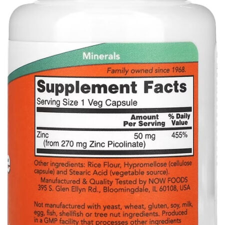 Zinco Picolinato 50mg Now Foods Zinc Picolinate 60 Veg Caps - Imagem 3
