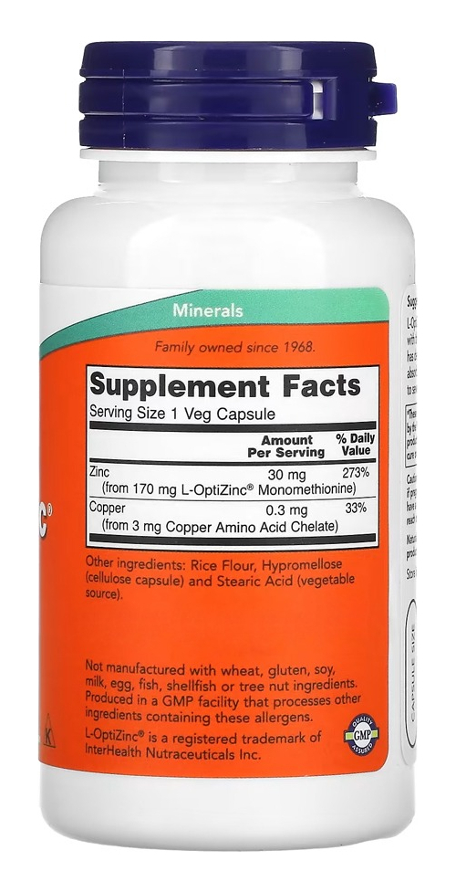 Now Foods L-optizinc 30mg 100 Veg Caps Eua/usa Sabor Sem Sabor - Imagem 2