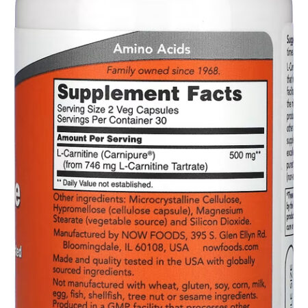 L-carnitina 250mg Now Foods 60 Cápsulas Importado - Imagem 2