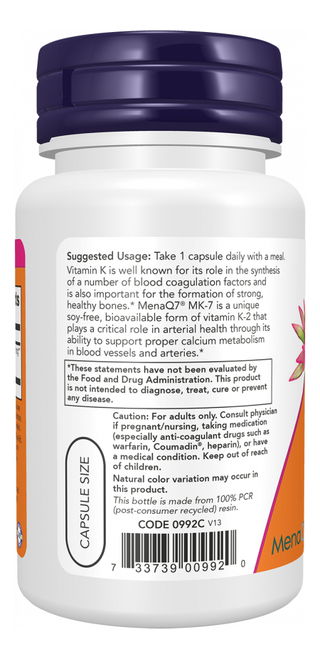 Mk-7 Vitamina K-2 100 Mcg 60 Cápsulas Vegetais Now Foods - Imagem 4