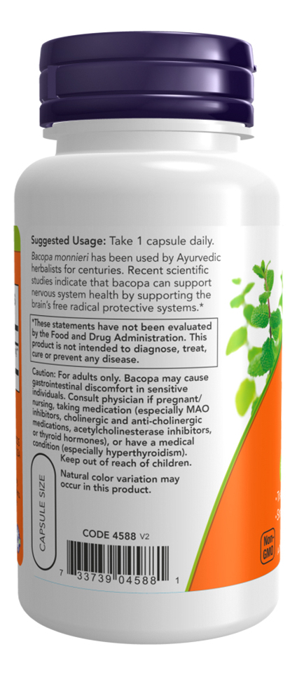 Extrato De Bacopa 450mg Now Foods 90 Cápsulas Importado - Imagem 3