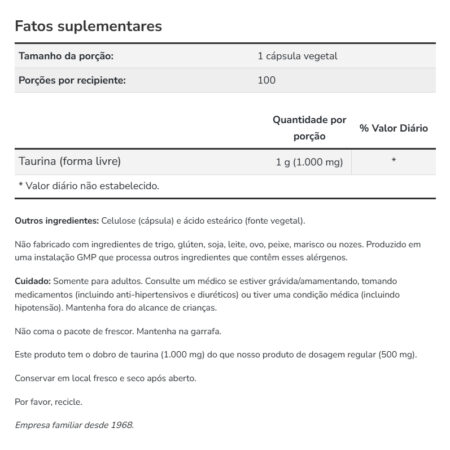 Taurine 1000mg Força Dupla 100 Cápsulas Taurina - Now Foods - Imagem 5