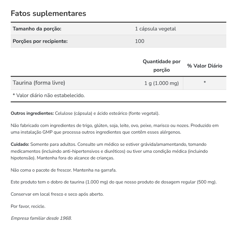 Taurine 1000mg Força Dupla 100 Cápsulas Taurina - Now Foods - Imagem 5