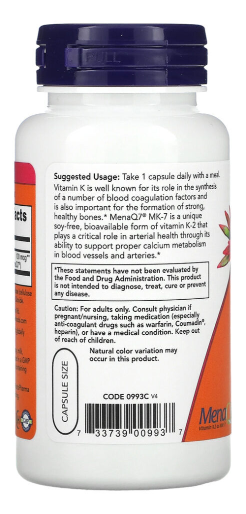 Vitamina K2 Mk7 100mcg Now Foods 120veg Caps Importado Eua - Imagem 2