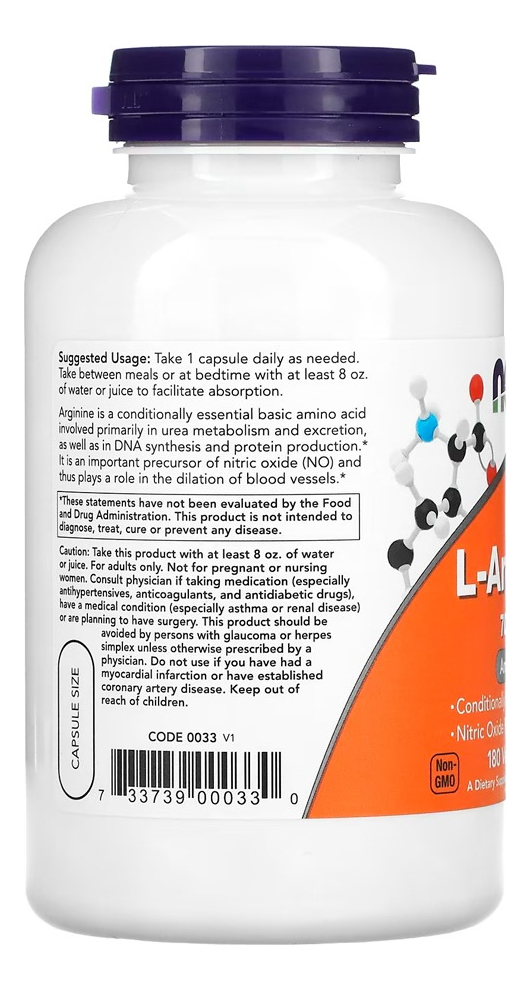 L-arginina 700mg 180 Cáps Importados 2un Now Foods - Imagem 3