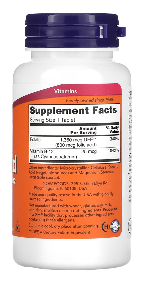 Ácido Fólico Vitamina B12 800mcg 250tabs Nowfoods Importado - Imagem 2