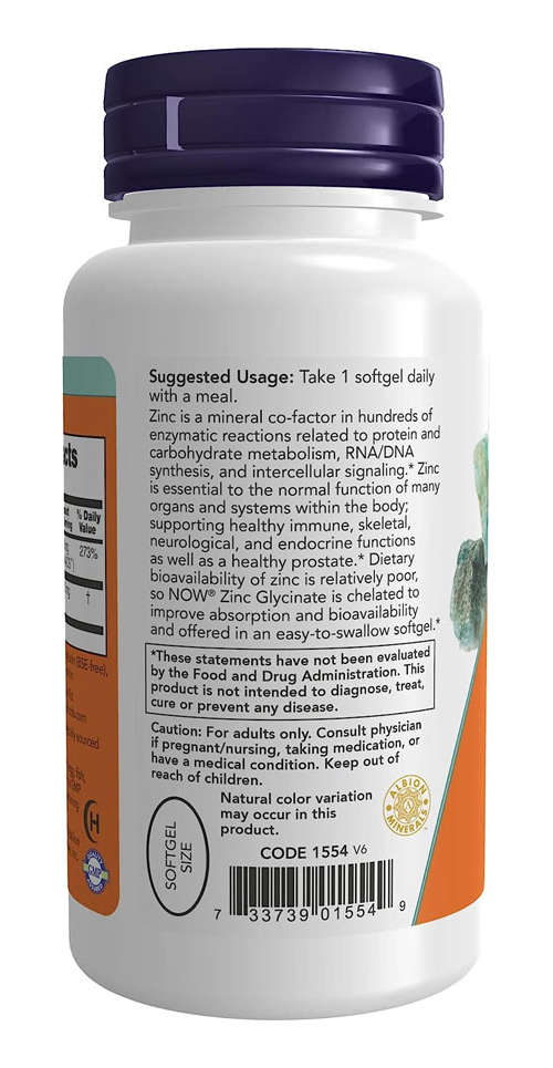 Glicinato De Zinco 30mg Now Foods Zinc Glycinate 120 Softg - Imagem 3