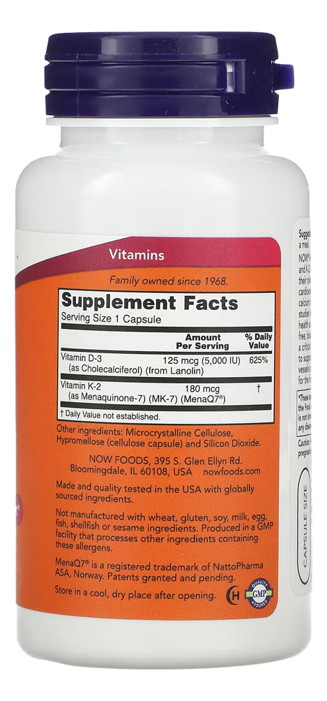 Vitamina Mega D-3 E Mk-7 Now Foods 120veg Caps - Imagem 2