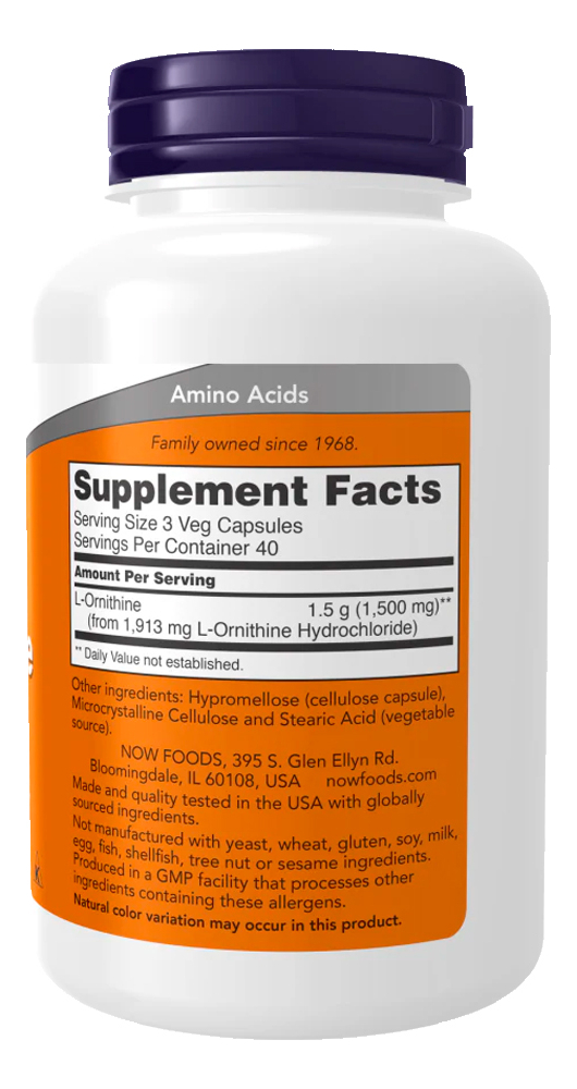L-ornitina 500mg Now Foods 120 Cápsulas Importado - Imagem 3
