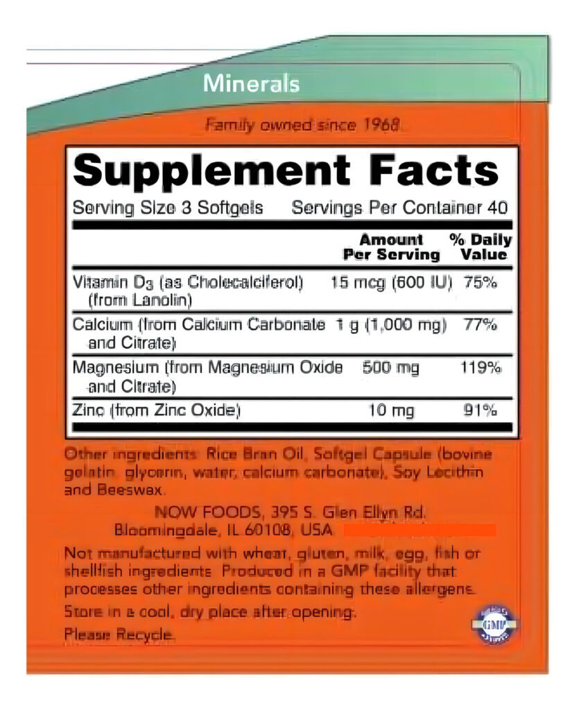 Cálcio E Magnésio Com Vitamina D3 E Zinco 120 Softgels Sem Sabor Now Foods - Imagem 3