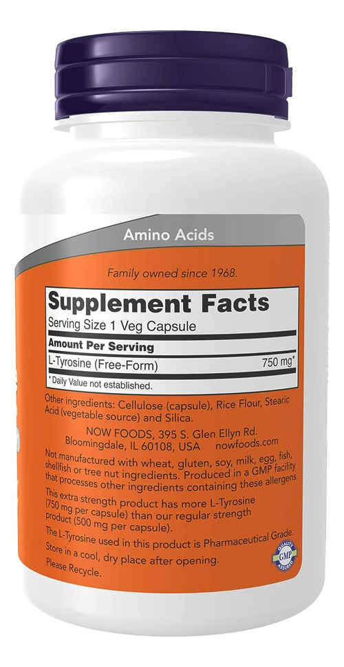 L-tirosina 750mg Now Foods L-tyrosine 90 Veg Caps 2un - Imagem 4