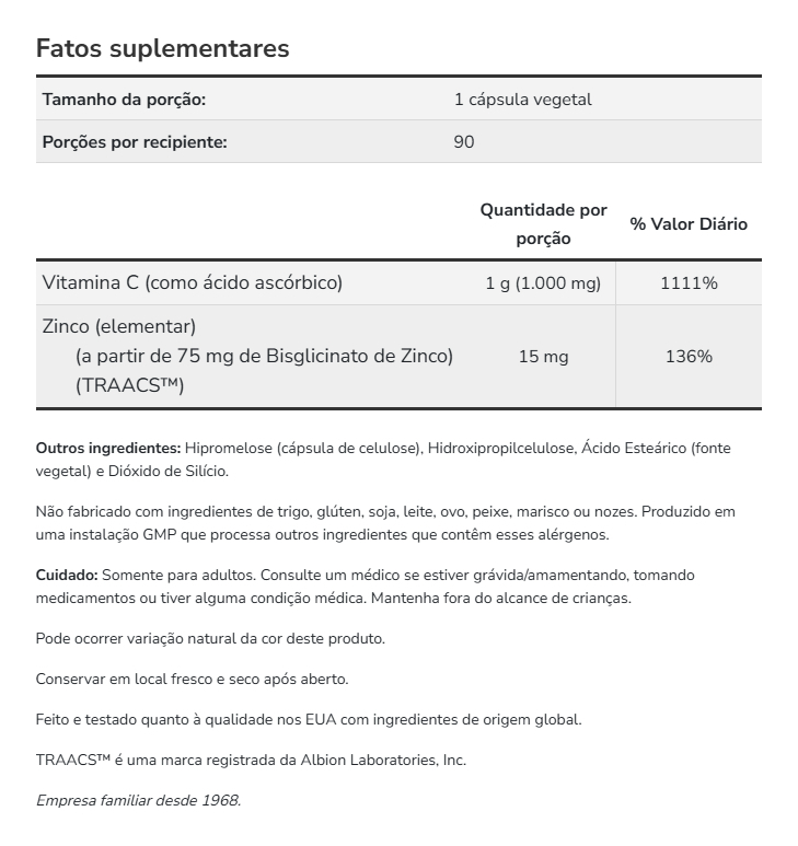 Zinco Vitamina C 1000 Zinc Immune Now Foods 1000mg 180 Cáps Sabor Sem Sabor - Imagem 5