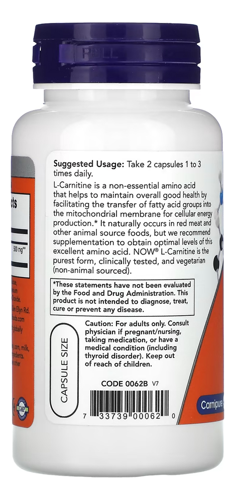 L-carnitina 250mg Now Foods 60 Cápsulas Importado - Imagem 3