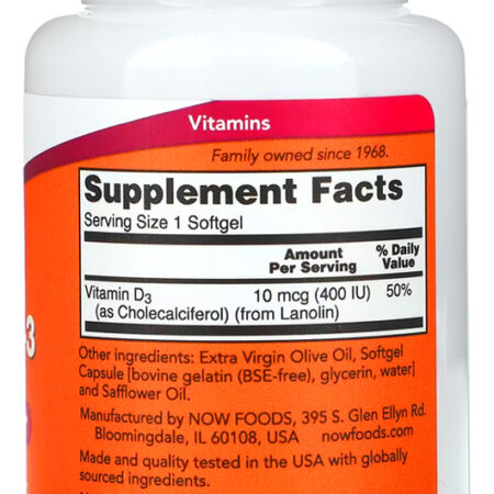 Vitamina D-3 Now Foods 400 Iu 180 Caps Softgels - Imagem 3