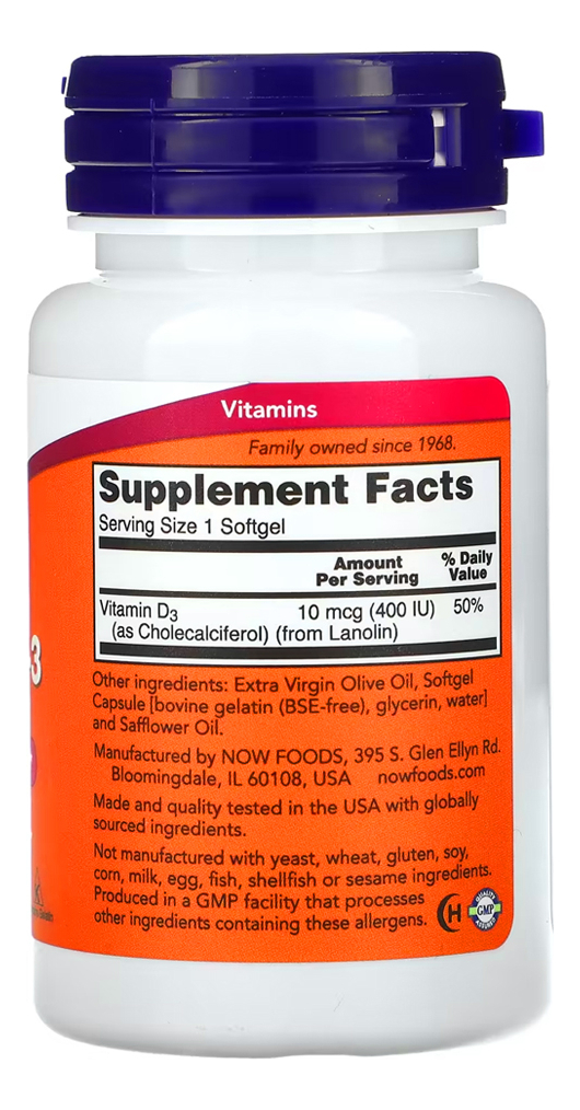 Vitamina D-3 Now Foods 400 Iu 180 Caps Softgels - Imagem 3
