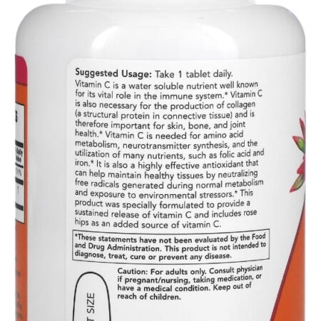 Vitamina C 1000mg Rose Rips 100 Tab Time Release Now Foods Sabor Sem Sabor - Imagem 3