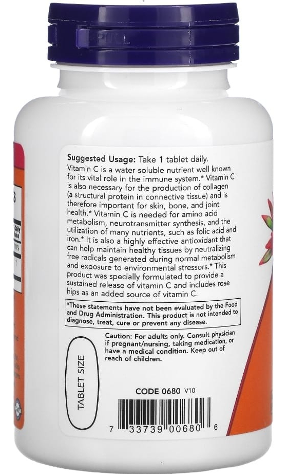 Vitamina C 1000mg Rose Rips 100 Tab Time Release Now Foods Sabor Sem Sabor - Imagem 3