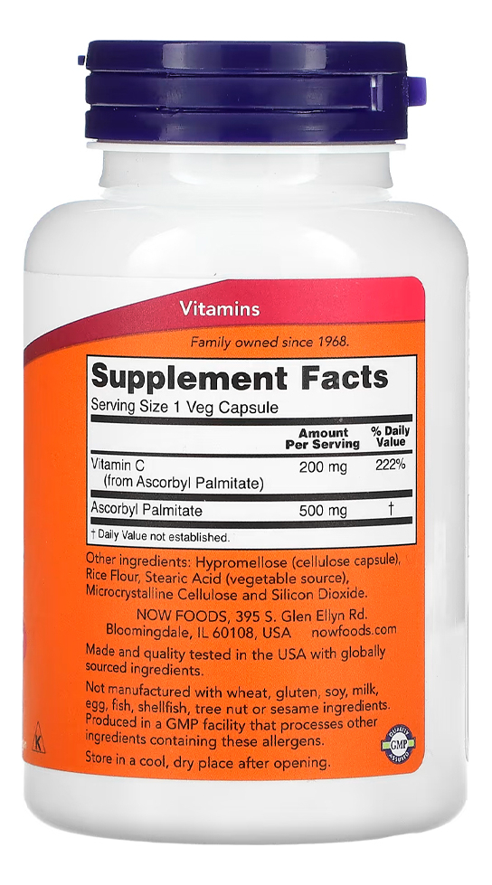 Palmitato Ascorbila 500mg Now Foods 100 Caps Importado - Imagem 3