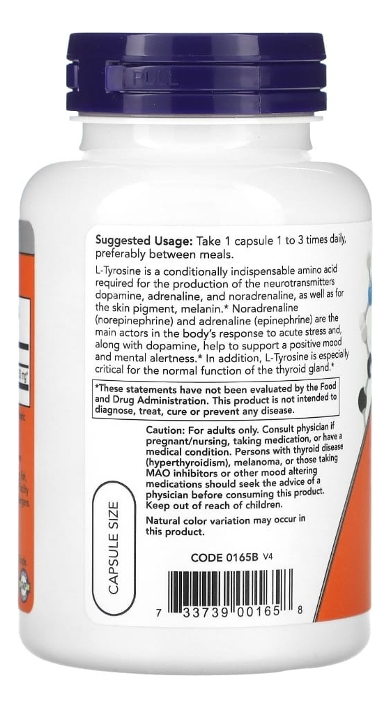L Tirosina Tyrosine 750mg Força Extra 90cps Now Foods - Imagem 2