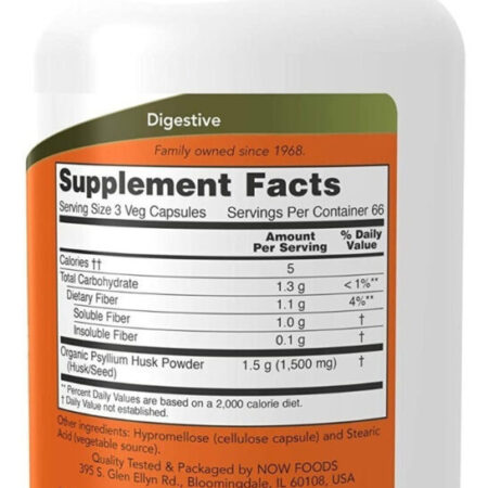 Cascas Dietéticas De Fibra De Casca De Psyllium Da Now Foods 500 Mg 200 Vegetais, Cápsulas Sem Sabor - Imagem 2